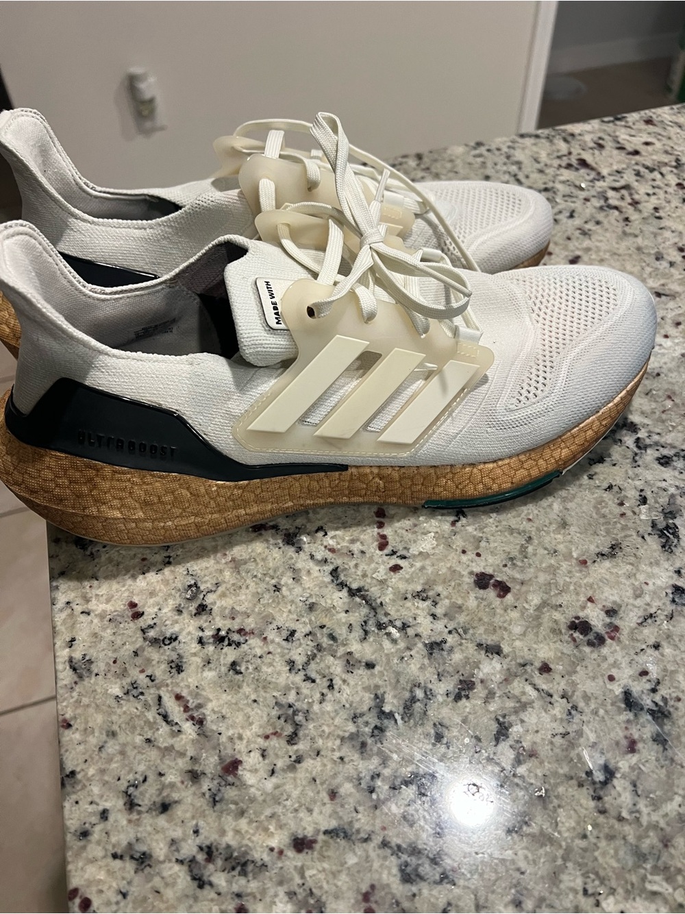 adidas White Knit Ultraboost Sneakers with Tan Cork-Look Midsole